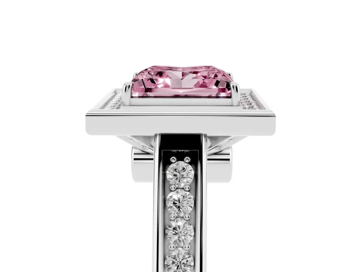 Fancy Pink Princess Cut Halo Solitaire Diamond Ring with Pave Band and Bezel Setting White gold