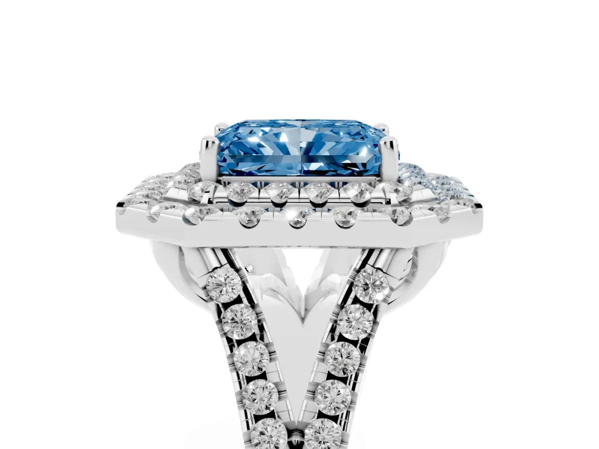 Fancy Blue Double Halo Radiant Cut Diamond Pavé Split Shank Ring with Prong Setting Platinum