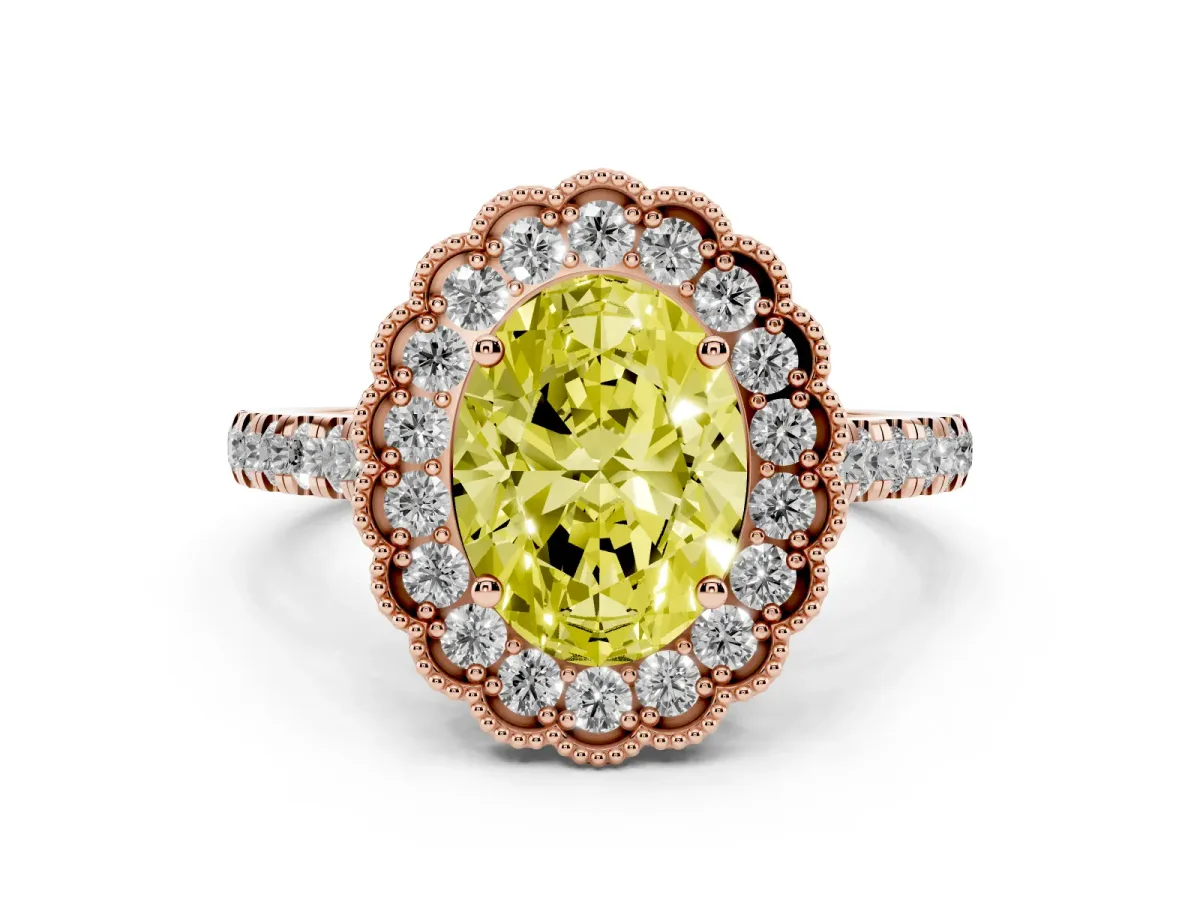 Fancy Yellow Oval Cut Cut Diamond Milgrain Floral Halo Engagement Ring with Pavé Band Rose gold