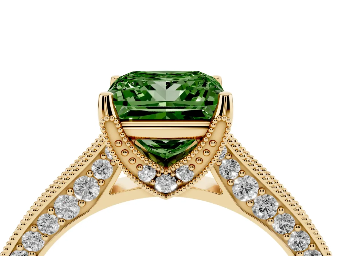 Fancy Green Princess Cut Cut Diamond Solitaire Ring with Milgrain Pave Band and Four Prong Setting Yellow gold