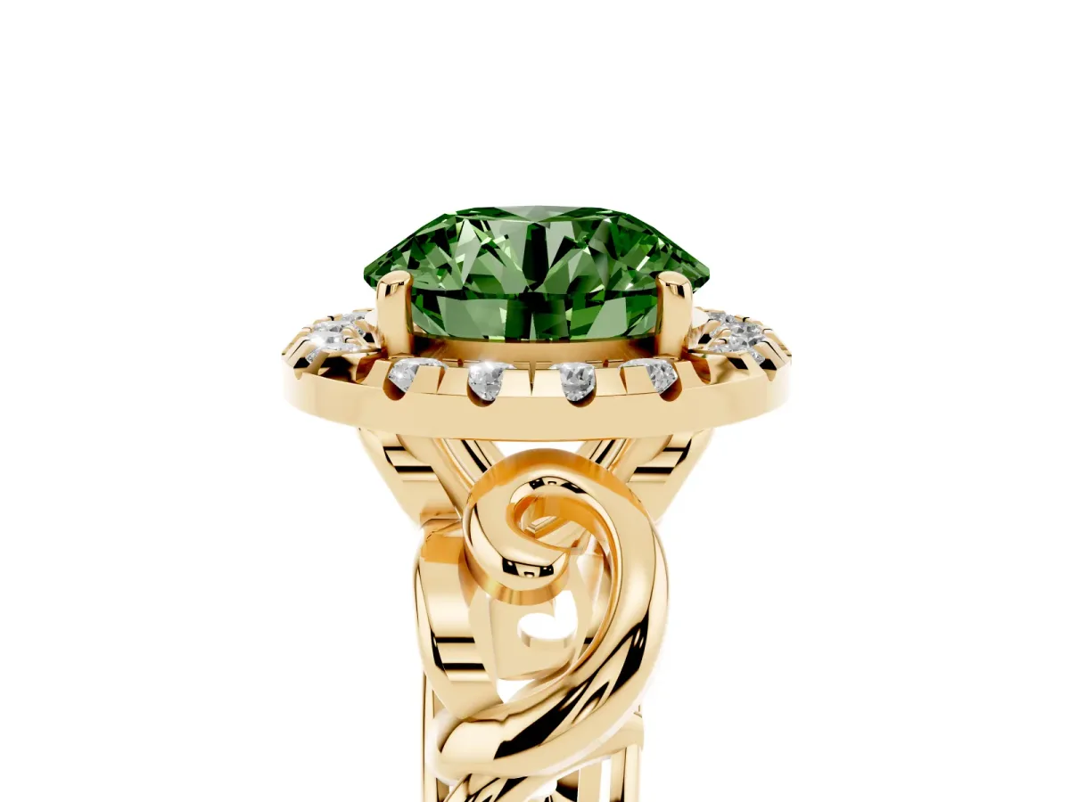 Fancy Green Round Cut Cut Halo Diamond Ring with Scrollwork Band and Four-Prong Setting Yellow gold