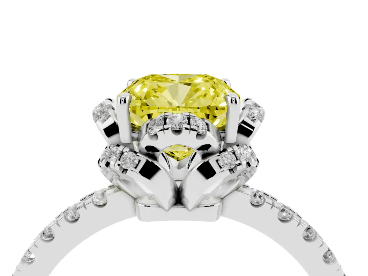 Fancy Yellow Cushion Cut Diamond Halo Pave Band with Four-Prong Setting Platinum