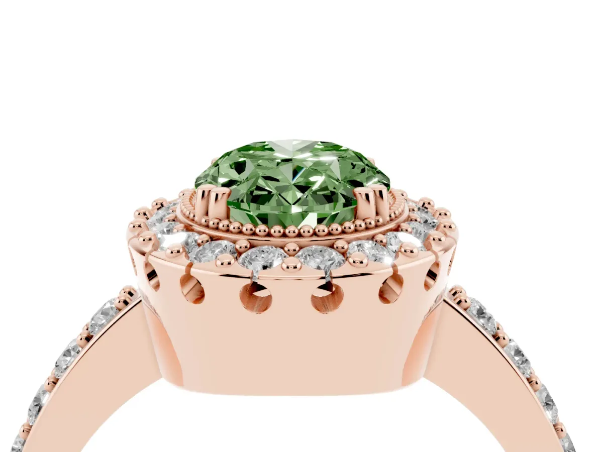 Fancy Green Oval Cut Diamond Halo Ring with Pavé Band and Prong Setting Rose gold