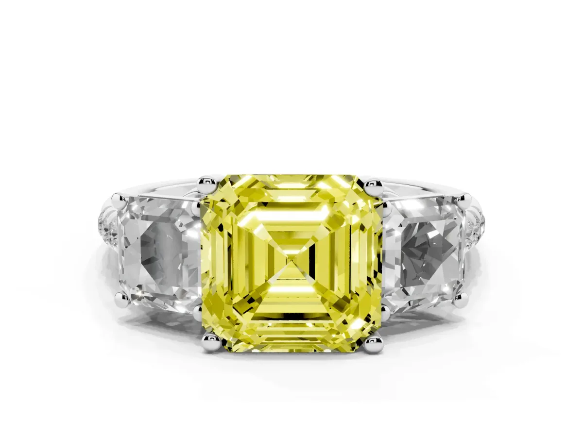 Fancy Yellow Three-Stone Asscher Cut Diamond Ring with Round Pavé Band and Prong Setting Silver
