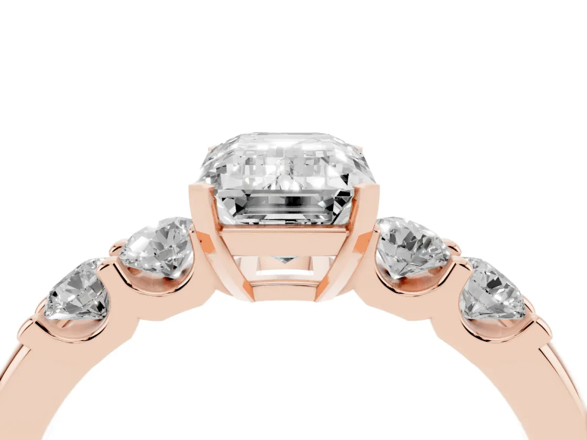 Emerald Cut Brilliant Cut Diamond Five-Stone Prong Set Engagement Ring with Channel Band Rose gold