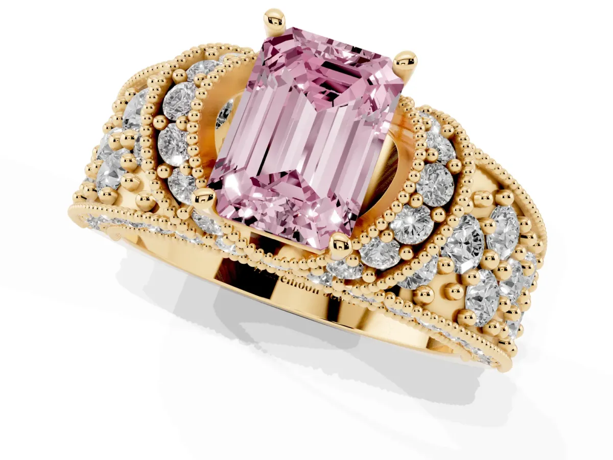 Fancy Pink Emerald Cut Halo Pave Diamond Engagement Ring with Milgrain Detailing Yellow gold