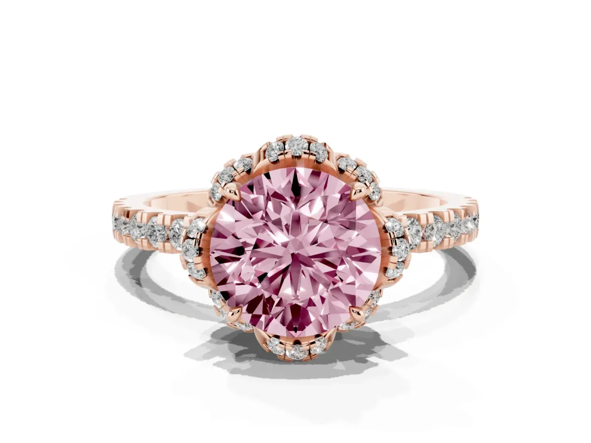 Fancy Pink Round Cut Diamond Halo Pave Band with Four-Prong Setting Rose gold