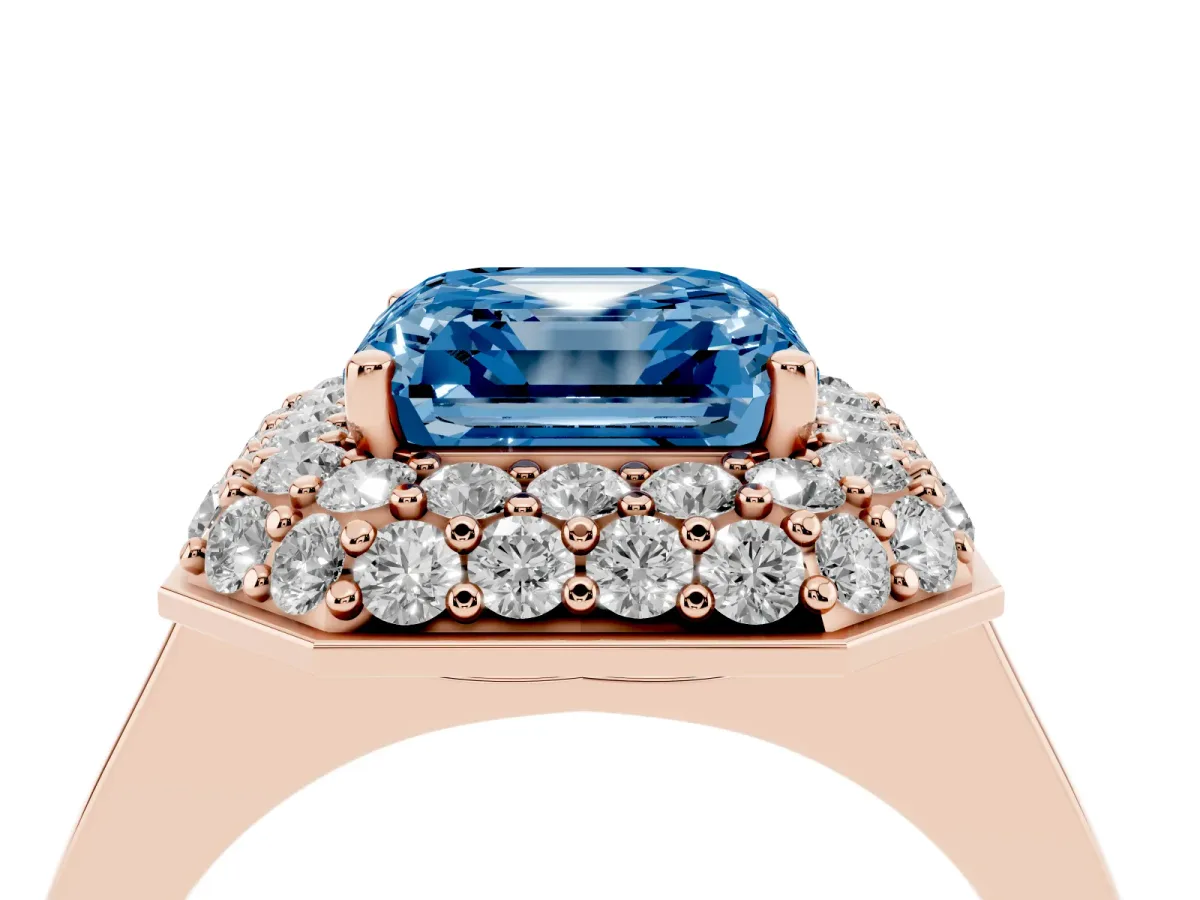 Fancy Blue Asscher Cut Halo Diamond Engagement Ring with Solitaire Band and Four-Prong Setting Rose gold
