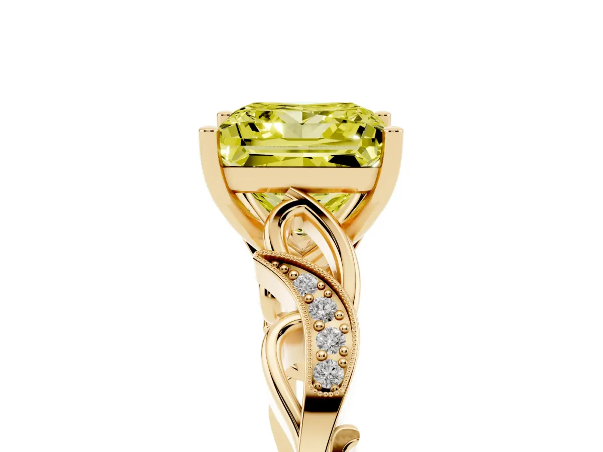 Fancy Yellow Princess Cut Solitaire Vine Band with Milgrain Prong Setting Yellow gold