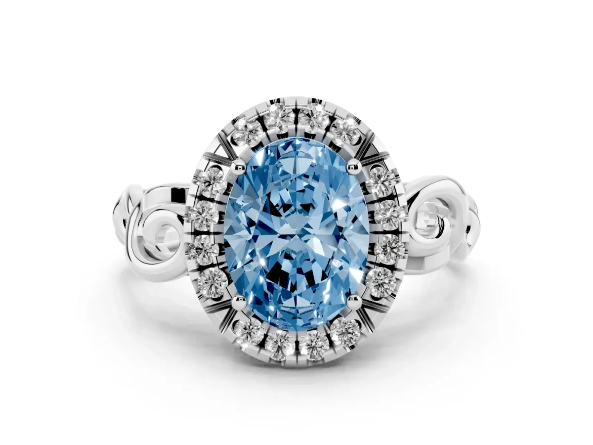 Fancy Blue Oval Cut Cut Halo Diamond Ring with Scrollwork Band and Four-Prong Setting Silver