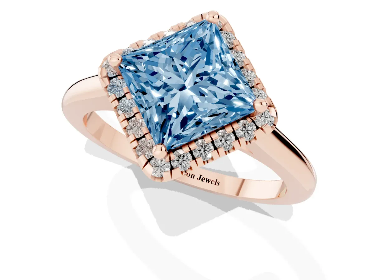 Fancy Blue Princess Cut Halo Round Diamond Solitaire Engagement Ring with Pave Band and Four-Prong Setting Rose gold