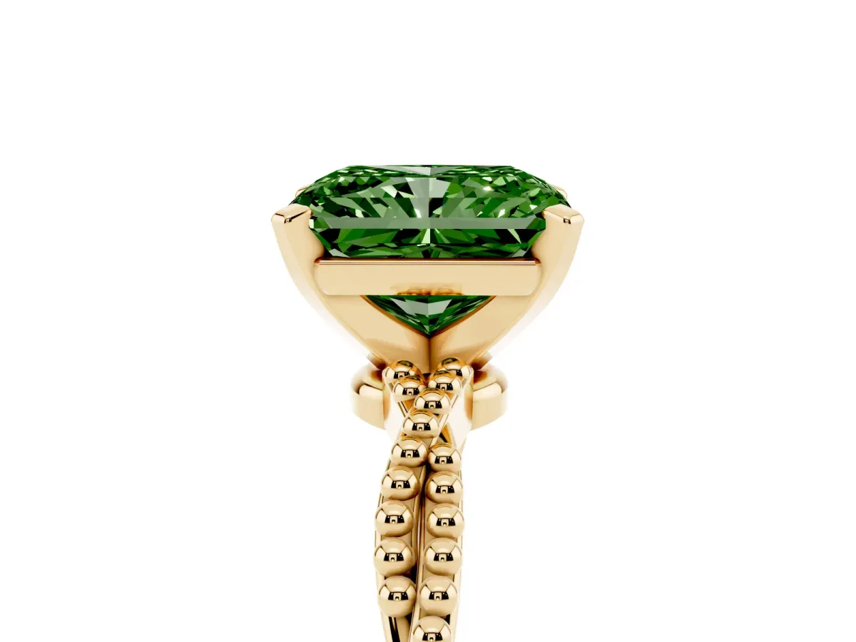Fancy Green Radiant Cut Solitaire Twisted Band with Bead Prong Setting Yellow gold