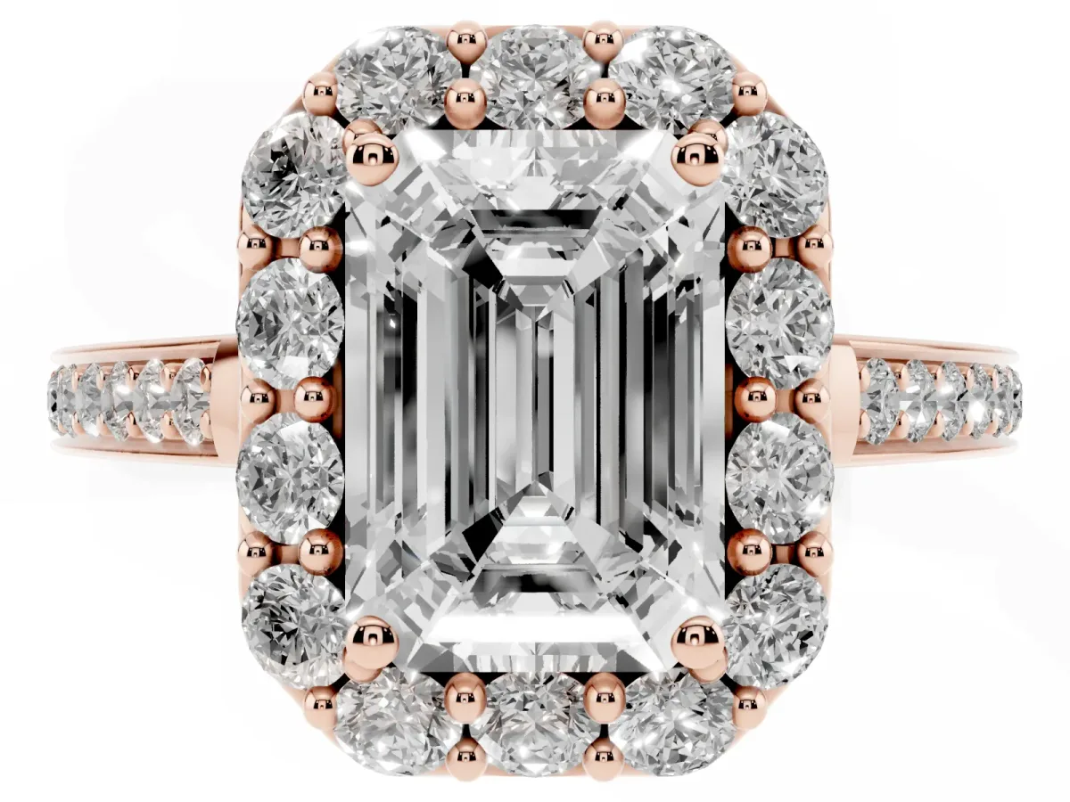 Emerald Cut Diamond Floral Halo Ring with Pavé Band and Prong Setting Rose gold