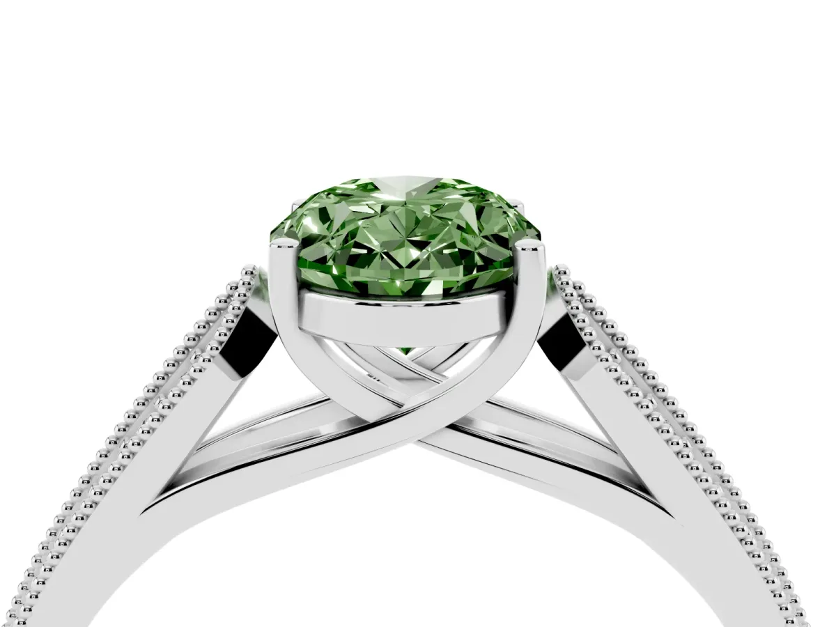 Fancy Green Oval Cut Cut Pave Split Shank Engagement Ring with Four-Prong Setting Silver