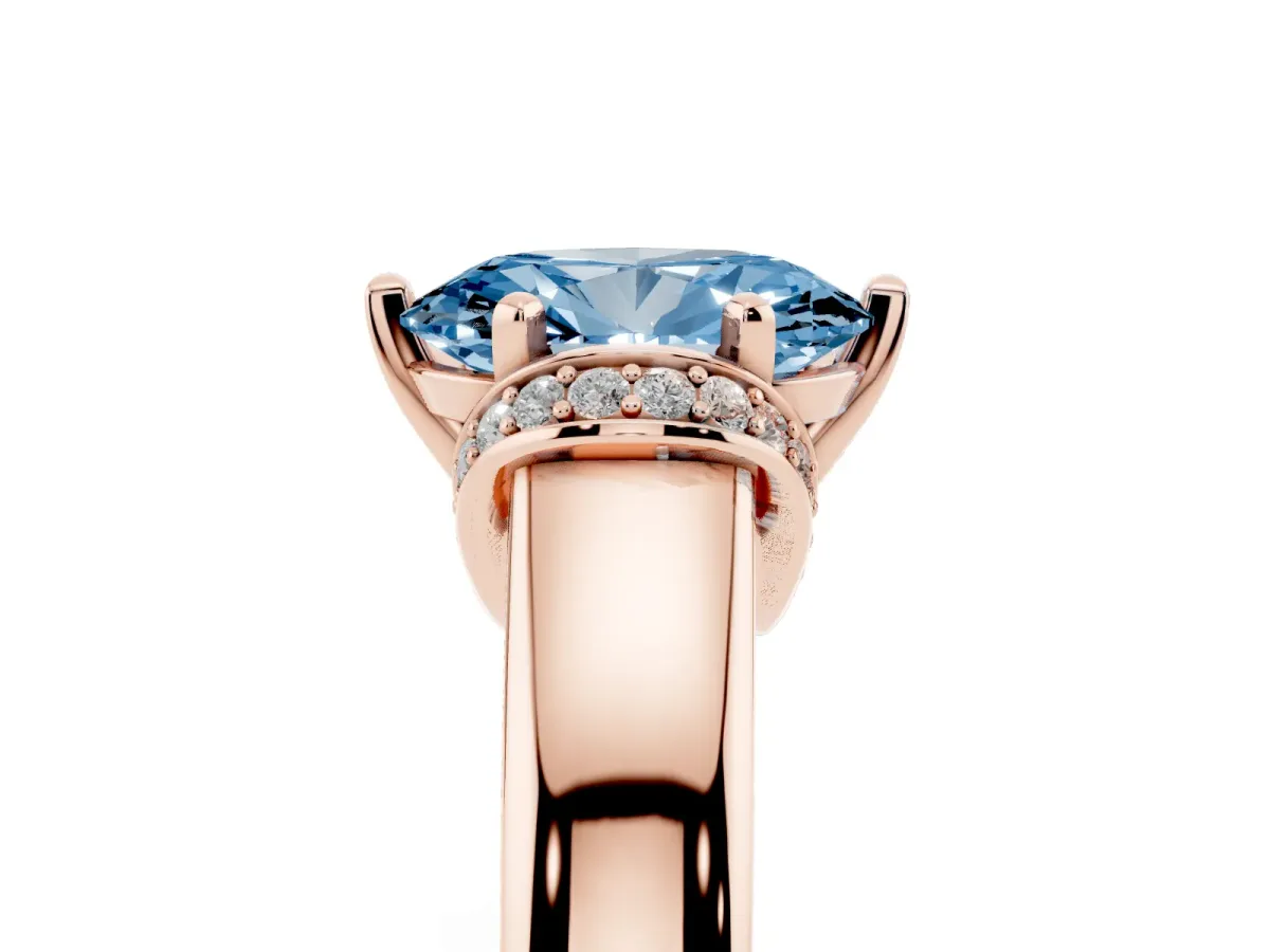 Fancy Blue Oval Cut Solitaire Diamond Ring with Pave Band and Six-Prong Setting Rose gold