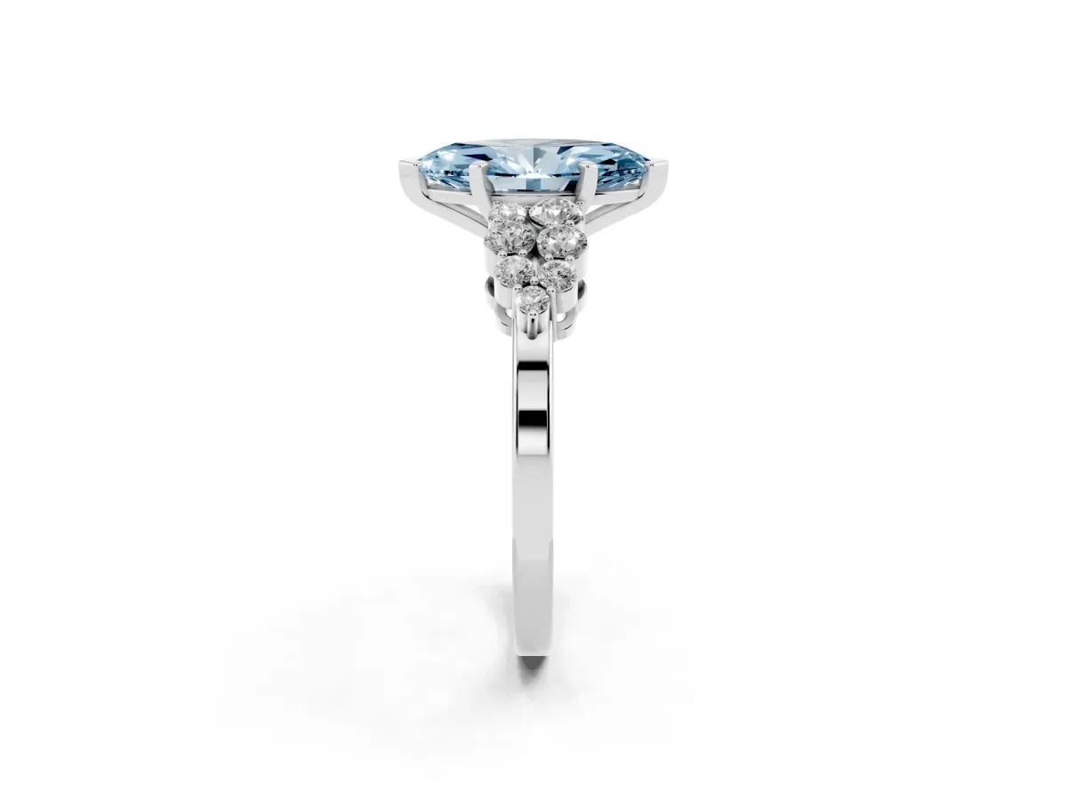 Fancy Blue Marquise Cut Cluster Diamond Engagement Ring with Pavé Band and Four-Prong Setting Silver