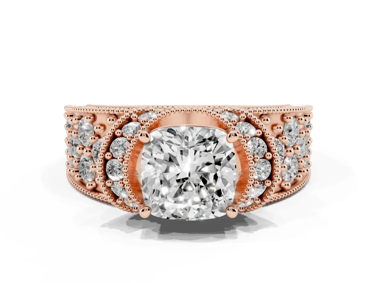 Cushion Cut Halo Pave Diamond Engagement Ring with Milgrain Detailing Rose gold