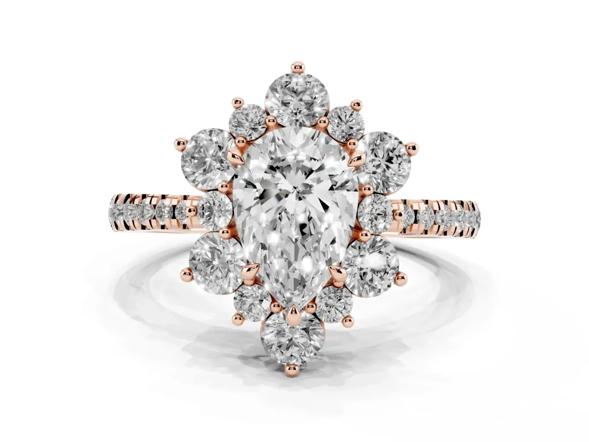 Pear Cut Diamond Floral Halo Ring with Round Pavé Band and Prong Setting Rose gold