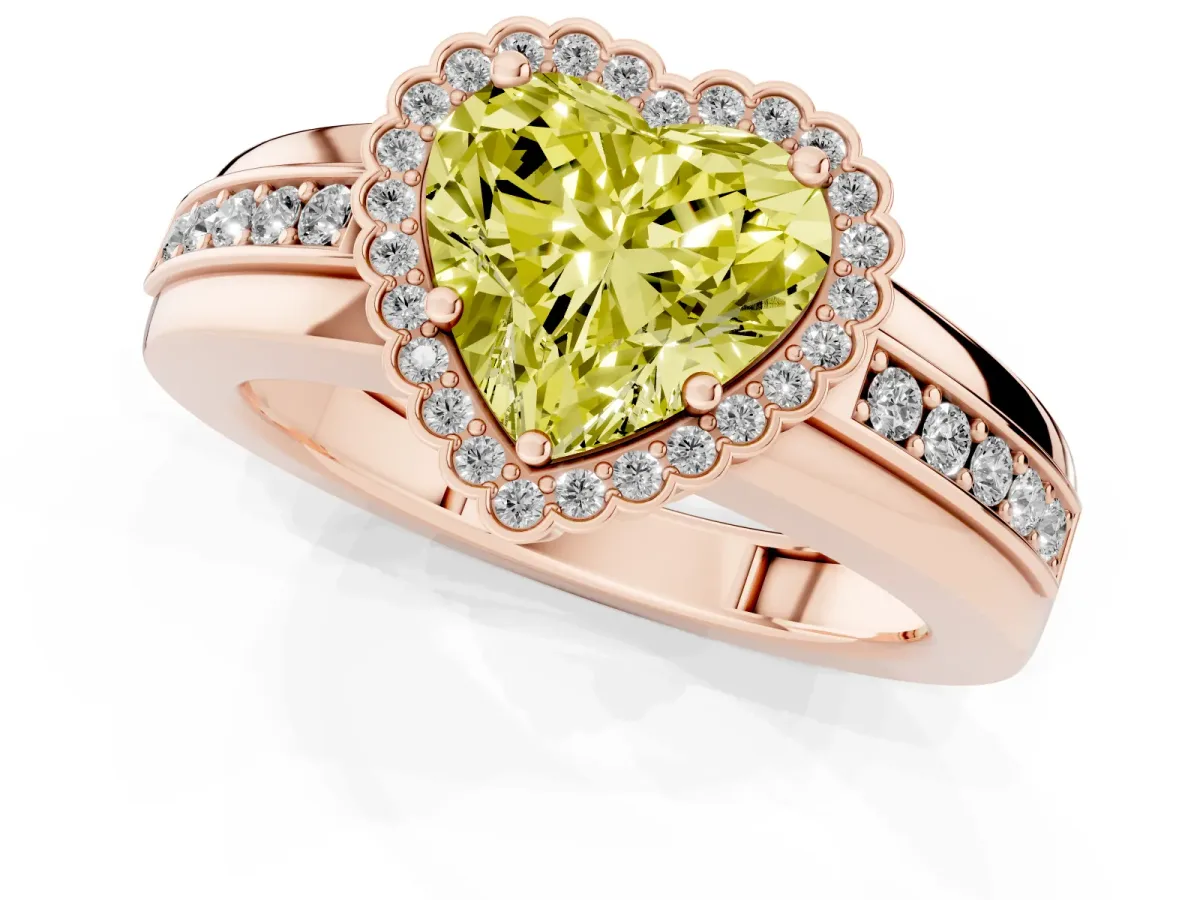 Fancy Yellow Heart Cut Cut Halo Pave Band Four-Prong Ring Rose gold