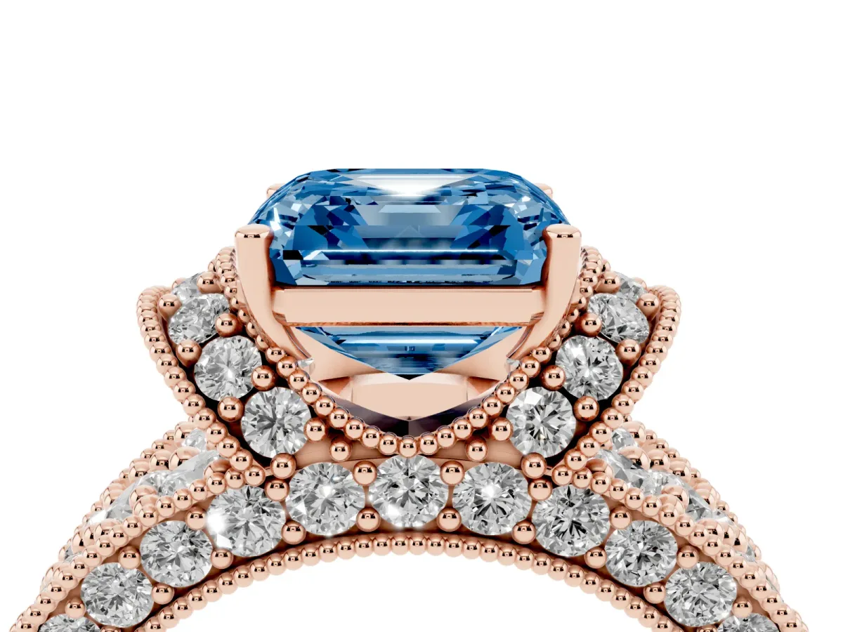 Fancy Blue Asscher Cut Halo Pave Diamond Engagement Ring with Milgrain Detailing Rose gold