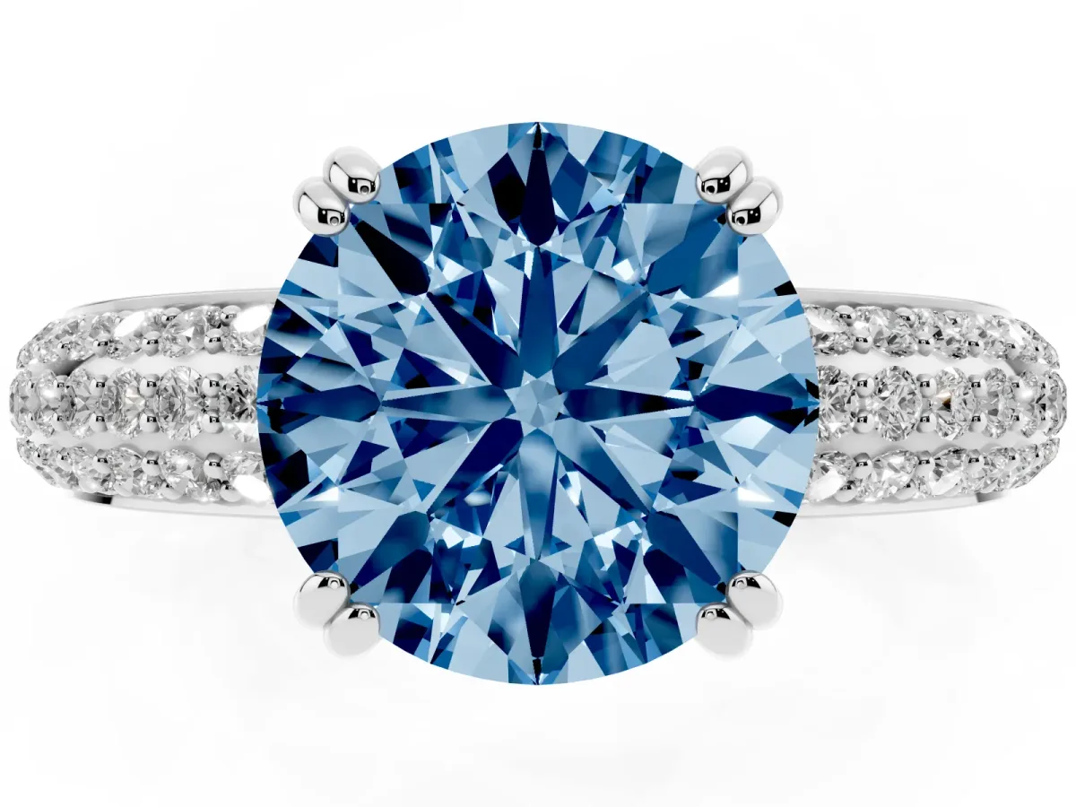 Fancy Blue Round Cut Diamond Solitaire Ring with Multi-Row Round Pavé Band and Prong Setting Silver