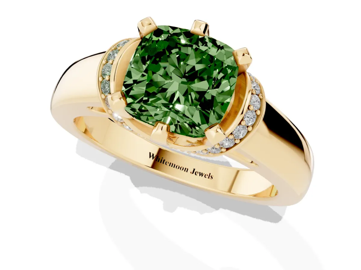 Fancy Green Cushion Cut Solitaire Diamond Ring with Pave Band and Six-Prong Setting Yellow gold