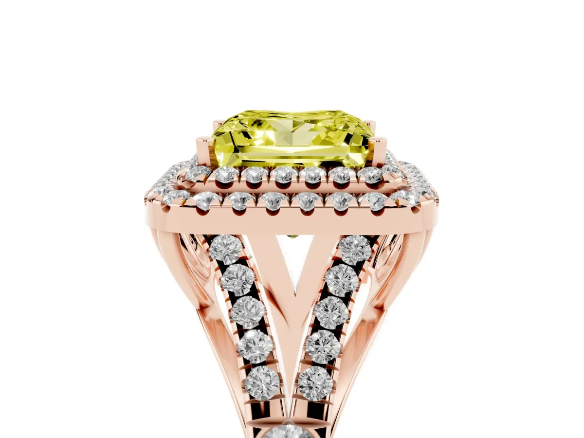 Fancy Yellow Princess Cut Diamond Pavé Split Shank Double Halo Engagement Ring Rose gold