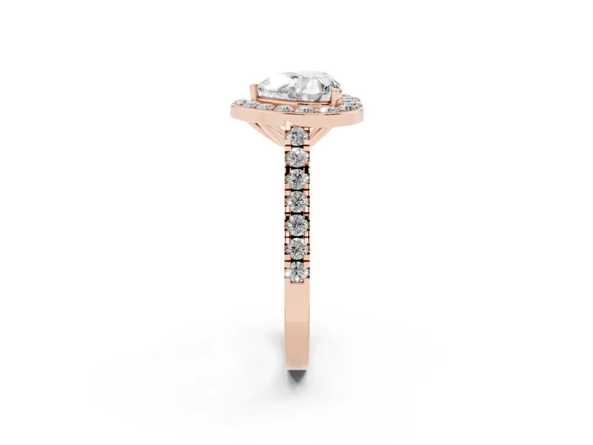 Heart Cut Diamond Halo Ring with Round Pavé Split Shank and Prong Setting Rose gold