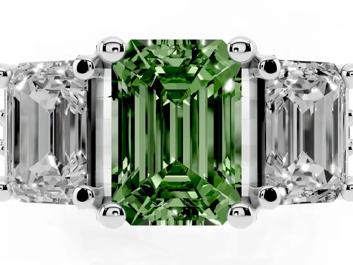 Fancy Green Emerald Cut Diamond Three-Stone Ring with Channel Set Band and Four-Prong Setting Platinum
