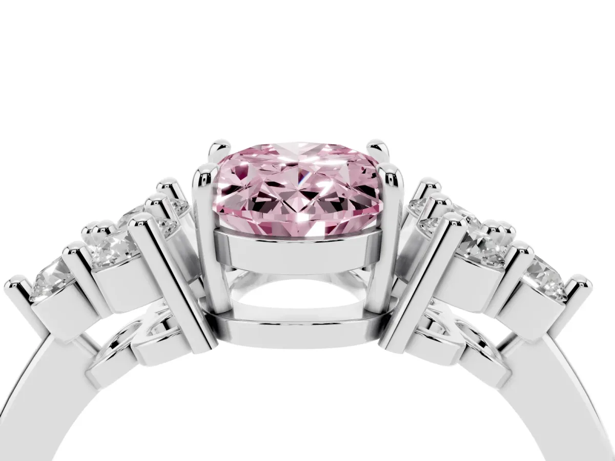 Fancy Pink Oval Cut Brilliant Diamond Cluster Accent Solitaire Ring with Prong Setting Platinum