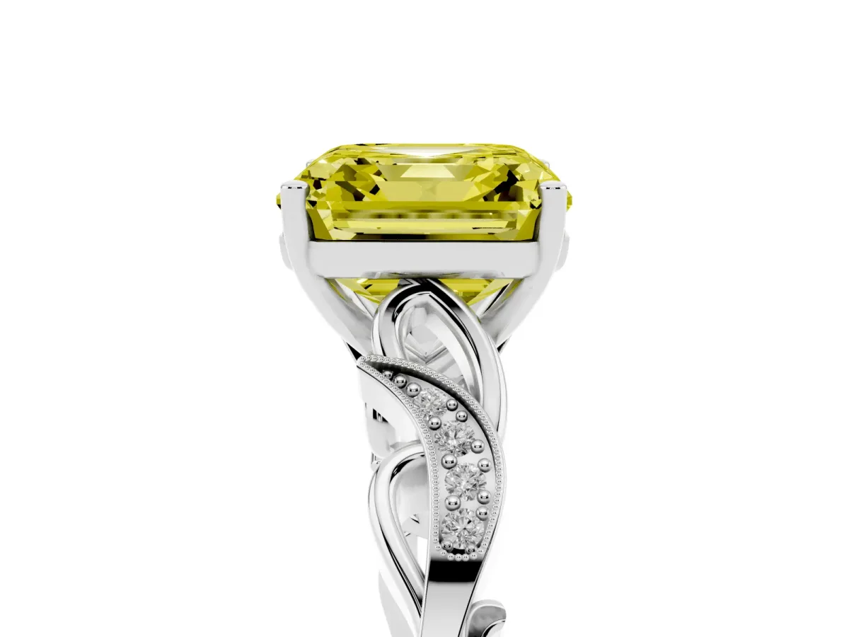 Fancy Yellow Asscher Cut Solitaire Vine Band with Milgrain Prong Setting Platinum