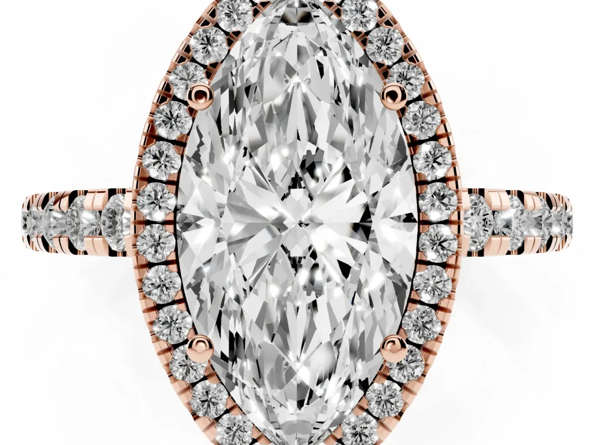 Marquise Cut Diamond Halo Ring with Pavé Band and Four-Prong Setting Rose gold