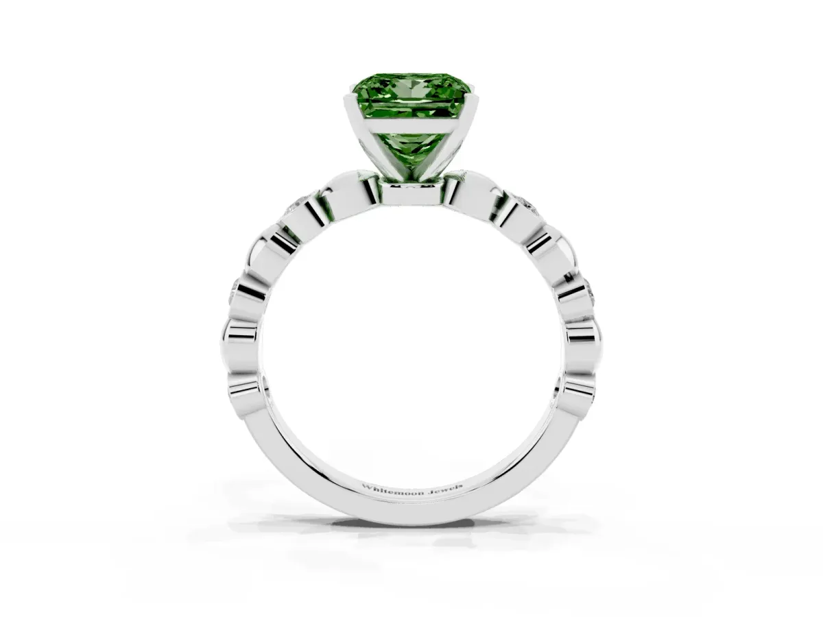 Fancy Green Princess Cut Solitaire Bezel-Set Diamond Ring with Beaded Band and Four-Prong Setting Silver