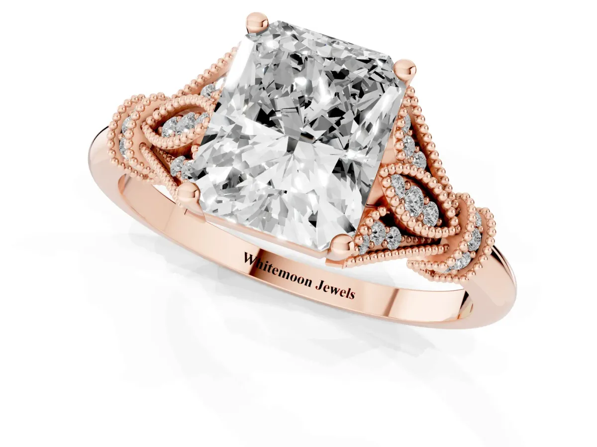 Radiant Cut Diamond Solitaire Ring with Floral Filigree and Pave Accents Rose gold