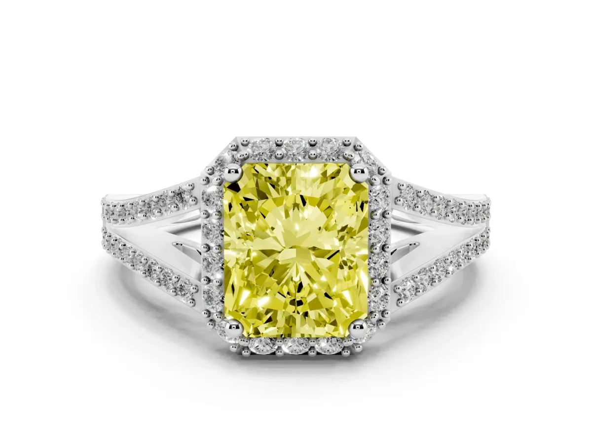Fancy Yellow Radiant Cut Halo Split Shank Diamond Ring with Prong Setting Silver