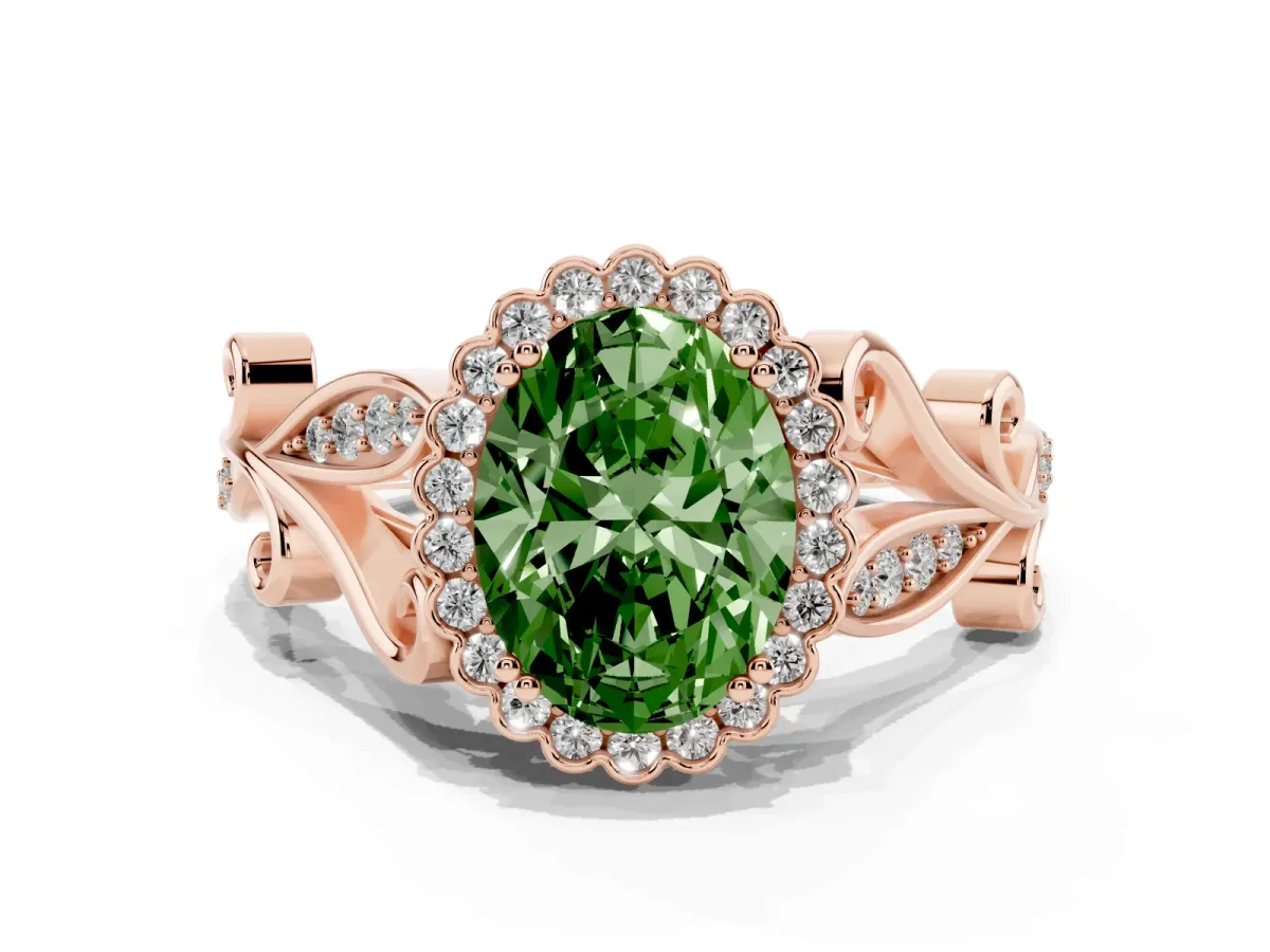 Fancy Green Oval Cut Diamond Halo Ring with Vintage Split Shank and Four-Prong Setting Rose gold