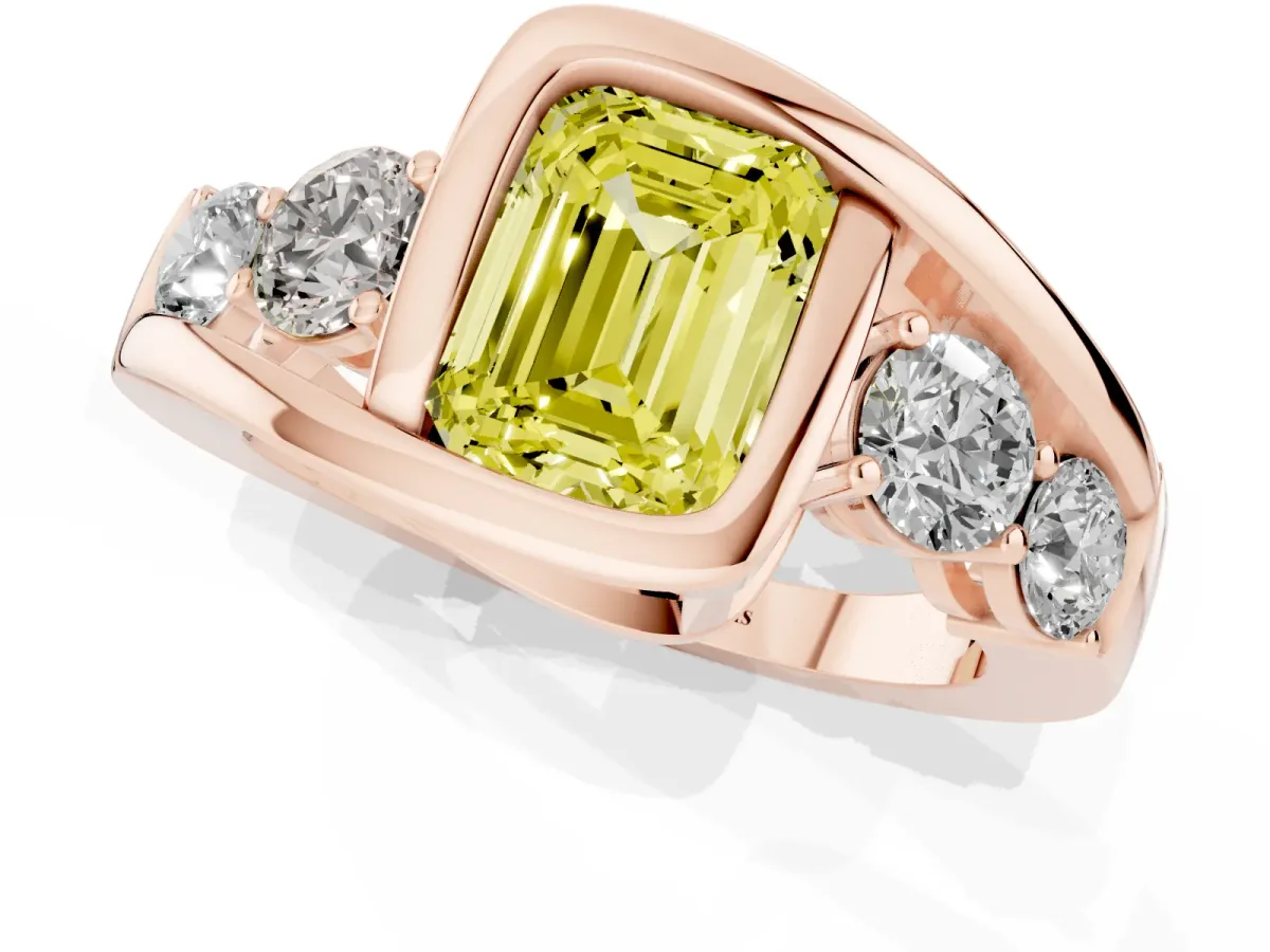 Fancy Yellow Bezel Set Emerald Cut Diamond Bypass Ring with Round Accents Rose gold
