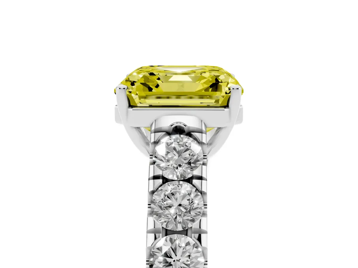 Fancy Yellow Asscher Cut Cut Diamond Solitaire Ring with Micro Pave Band and Prong Setting Silver
