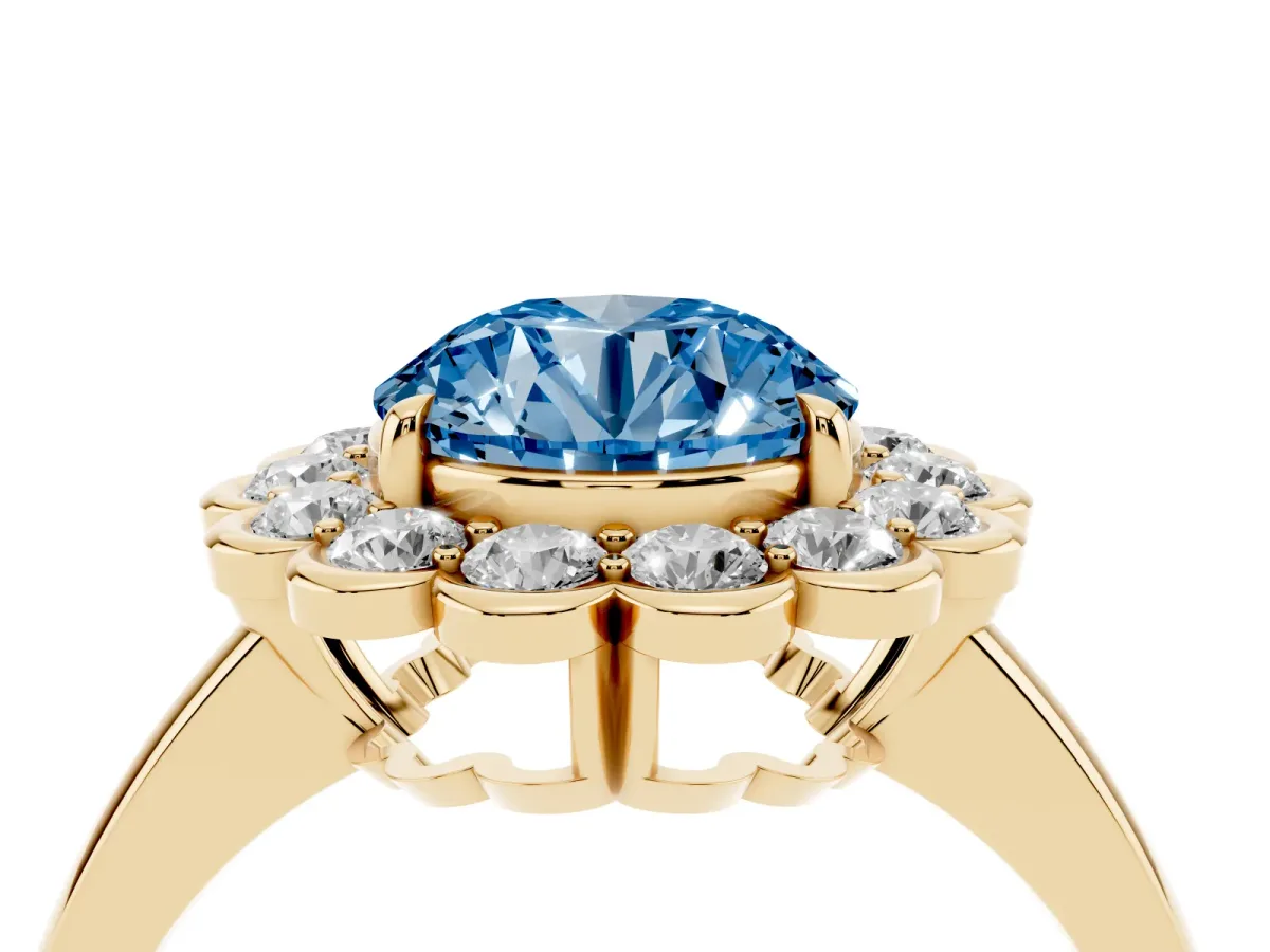 Fancy Blue Round Cut Halo Cluster Diamond Engagement Ring with Solitaire Band and Prong Setting Yellow gold