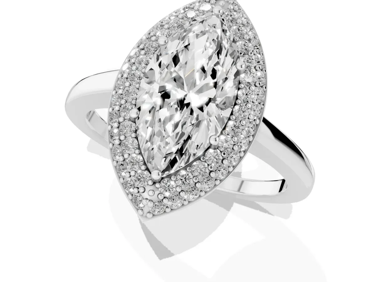 Marquise Cut Halo Diamond Engagement Ring with Solitaire Band and Four-Prong Setting Platinum