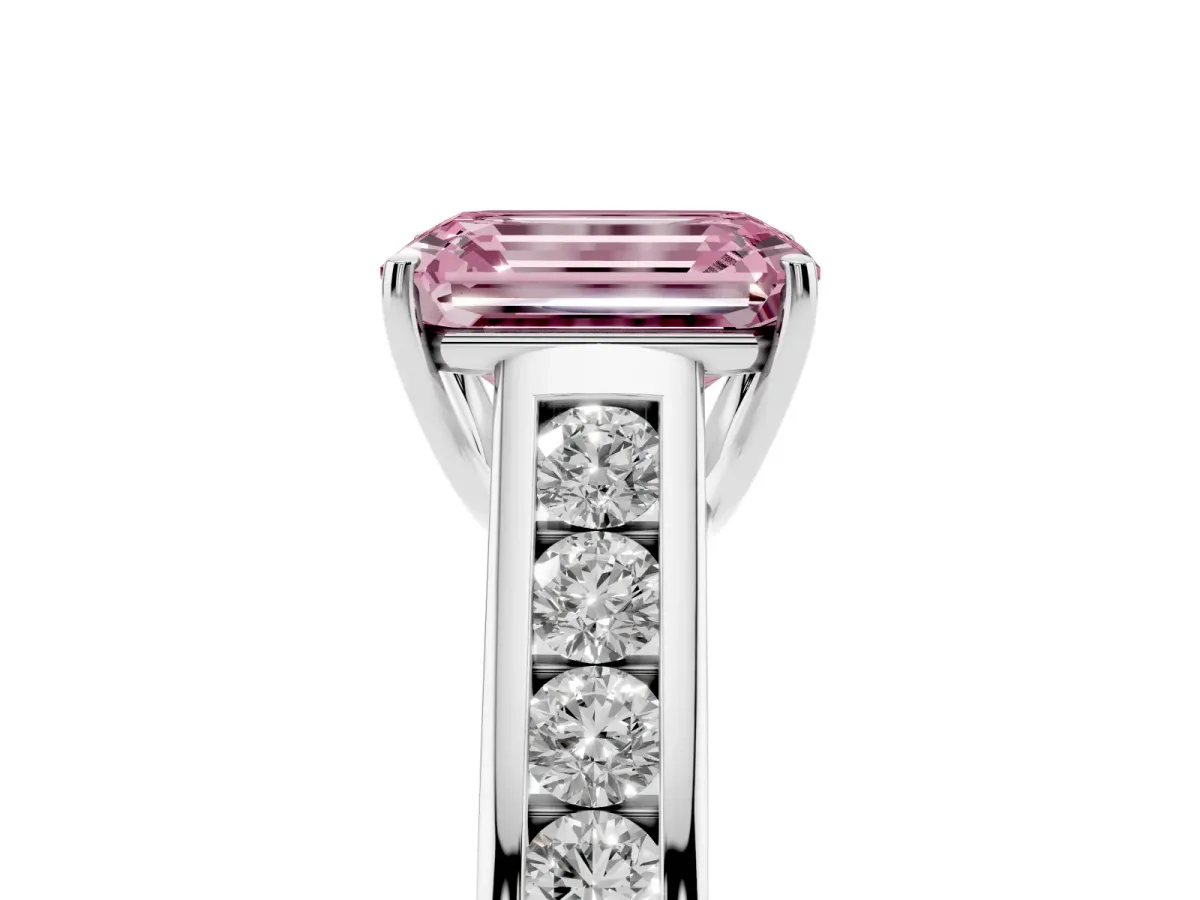 Fancy Pink Emerald Cut Brilliant Channel-Set Solitaire Ring with Four-Prong Setting Platinum