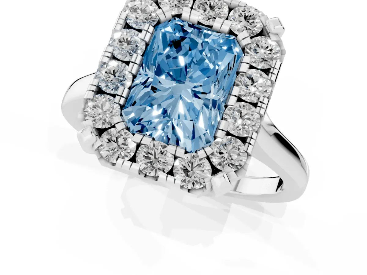 Fancy Blue Radiant Cut Diamond Cluster Halo Solitaire with Four-Prong Setting Platinum
