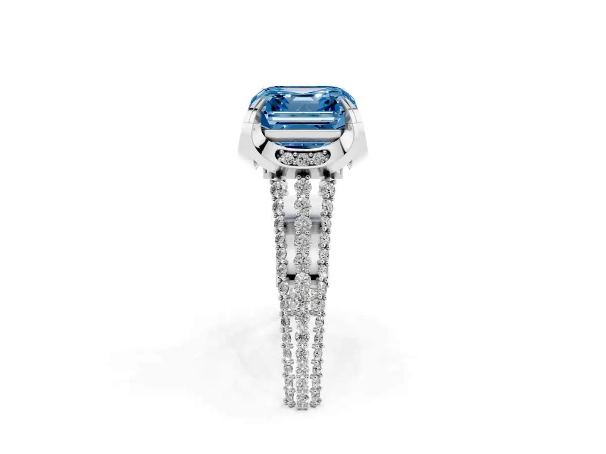 Fancy Blue Asscher Cut Solitaire Pave Split Shank Ring with Four-Prong Setting White gold