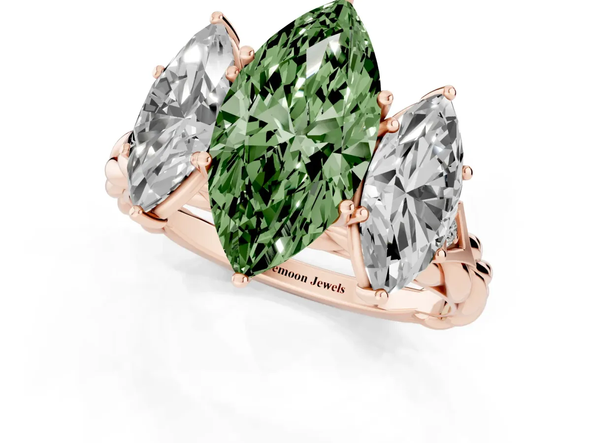 Fancy Green Three-Stone Marquise Cut Diamond Braided Band Ring with Four-Prong Setting Rose gold
