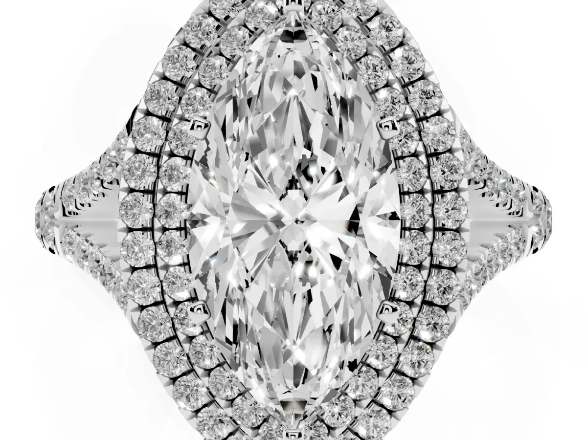 Double Halo Marquise Cut Diamond Split Shank Engagement Ring with Four-Prong Setting Silver