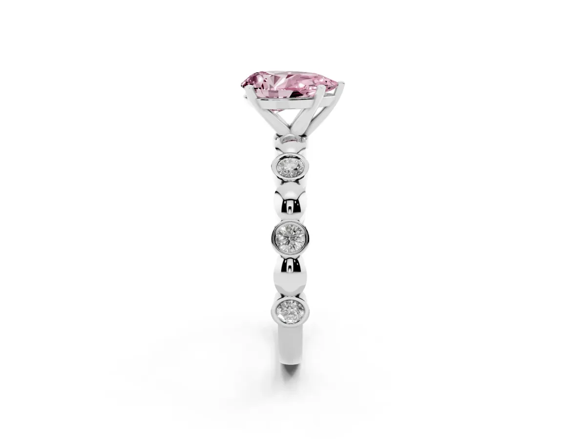 Fancy Pink Pear Cut Solitaire Bezel-Set Diamond Ring with Beaded Band and Four-Prong Setting Silver