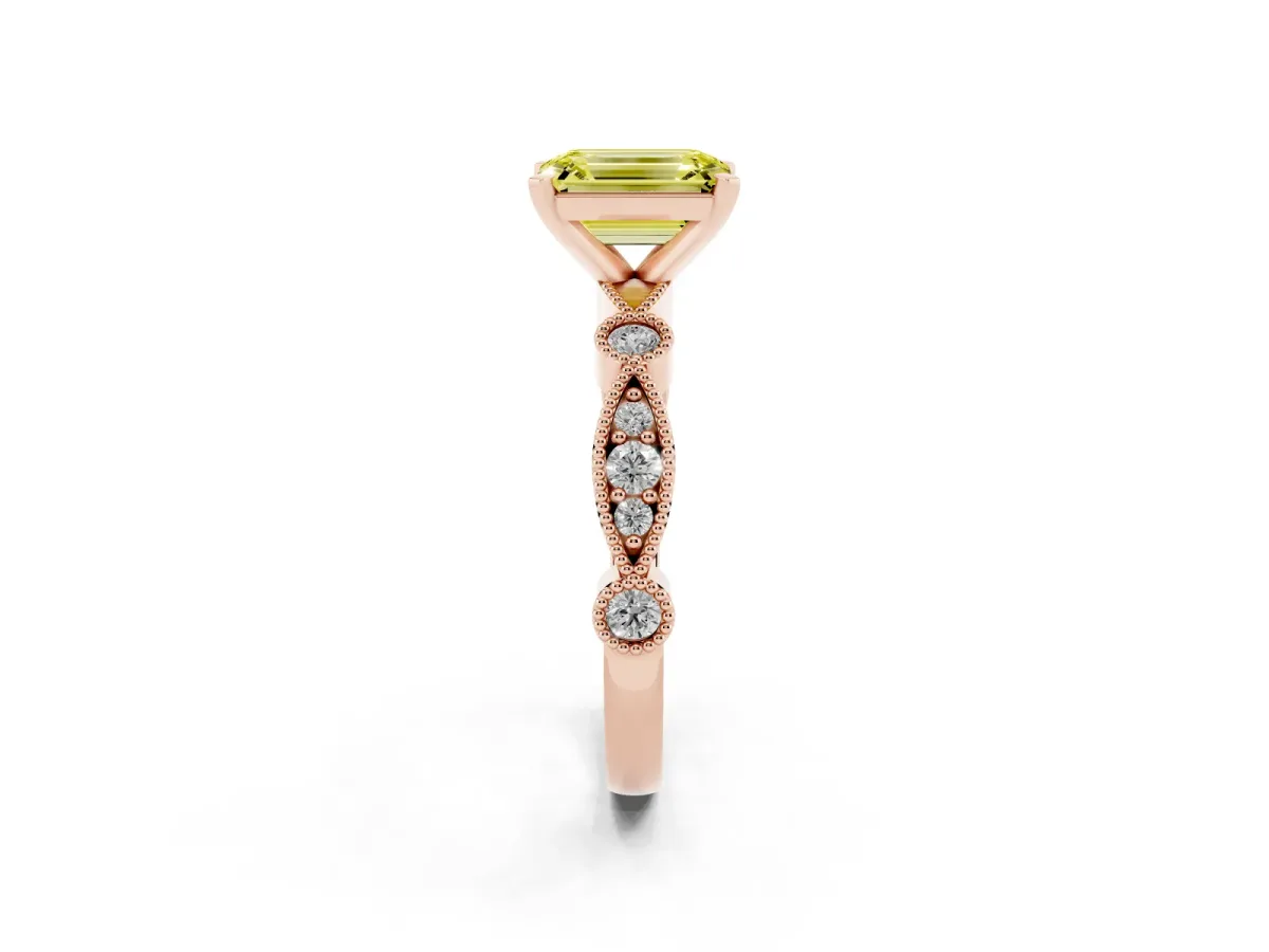 Fancy Yellow Emerald Cut Milgrain Bezel Diamond Engagement Ring with Solitaire Prong Setting Rose gold