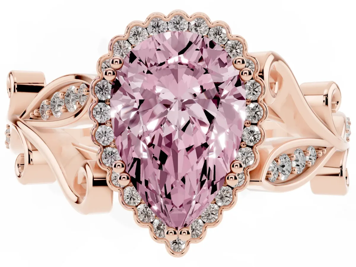 Fancy Pink Pear Cut Diamond Halo Ring with Vintage Split Shank and Four-Prong Setting Rose gold