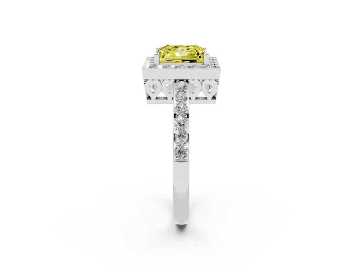 Fancy Yellow Princess Cut Halo Diamond Pavé Band Ring with Prong Setting Silver