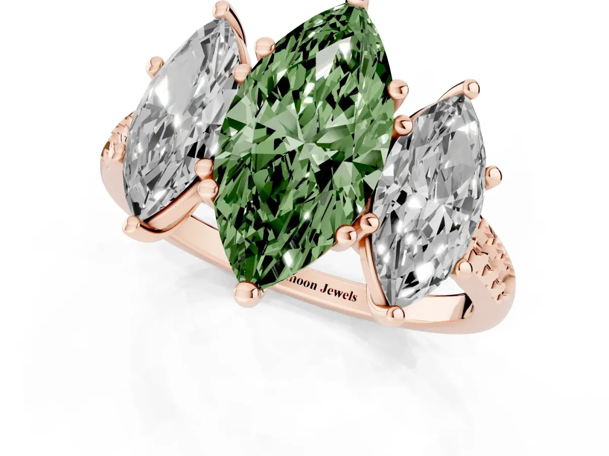 Fancy Green Three-Stone Marquise Cut Diamond Ring with Round Pavé Band and Prong Setting Rose gold